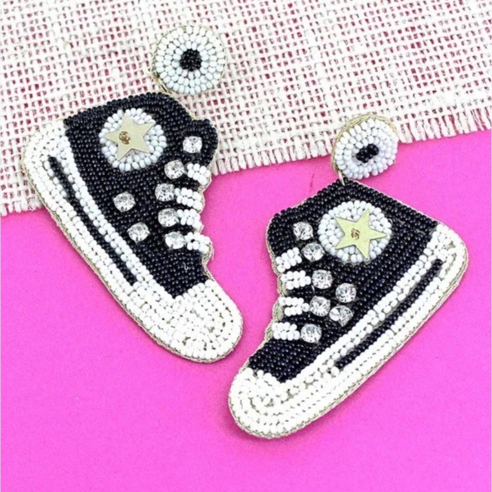 Beaded Sneaker Statement Earrings | Black White Rhinestone Dangle Earrings